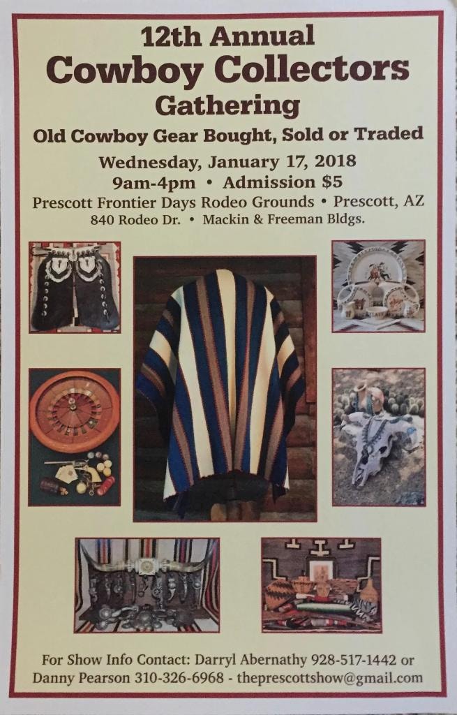 12th Annual Cowboy Collectors Gathering poster — Wednesday January 17, 2018, 9am–4pm, Admission $5, Prescott Frontier Days Rodeo Grounds, Mackin & Freeman Bldgs.