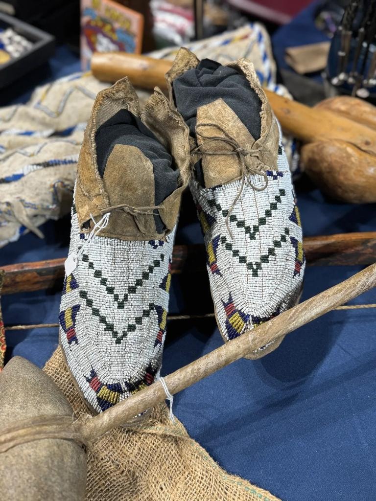 Beaded Native American moccasins on display