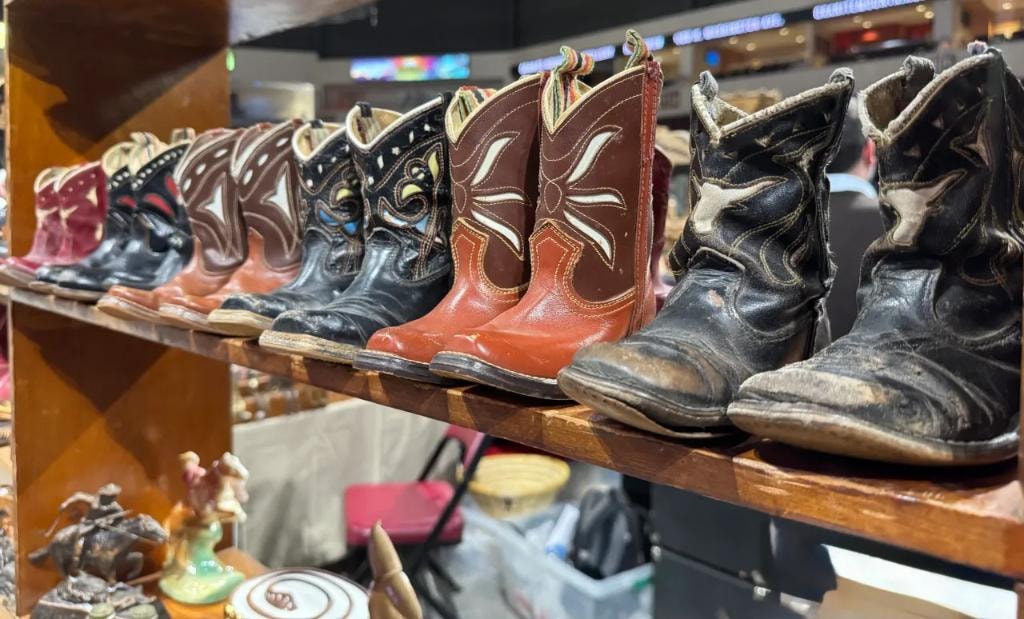 Row of vintage childrens cowboy boots on wooden shelf